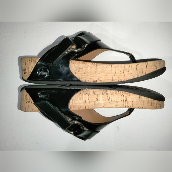 Fitflop (Size 9) Black Patent Adhesive Strap Open Thong Post Cork Wedge Sandals - Picture 9 of 12
